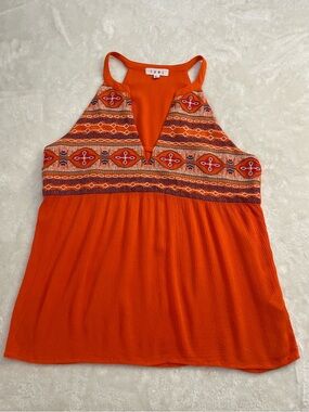 THML Orange Crinkle Fabric Embroidered V-Neck Halter Tank Women’s Size L